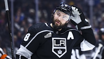 Apr 6, 2024; Los Angeles, California, USA; Los Angeles Kings defenseman Drew Doughty (8) looks on during the third period of a game against the Vancouver Canucks at Crypto.com Arena. Mandatory Credit: Jessica Alcheh-Imagn Images