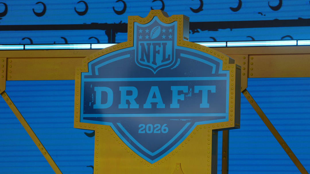 Apr 23, 2026; Pittsburgh, PA, USA;  The 2026 NFL Draft logo on the theater stage at Acrisure Stadium. Mandatory Credit: Kirby Lee-Imagn Images