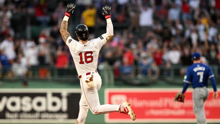 Aug 27, 2024; Boston, Massachusetts, USA; Boston Red Sox center fielder Jarren Duran (16) reacts after hitting a solo home run against the Toronto Blue Jays during the first inning at Fenway Park. Mandatory Credit: Brian Fluharty-USA TODAY Sports