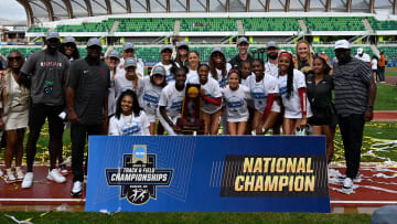 Jun 8, 2024; Eugene, OR, USA; The University of Arkansas won the women’s team national championship during the NCAA Track and Field Championships at Hayward Field. Mandatory Credit: Craig Strobeck-USA TODAY Sports
