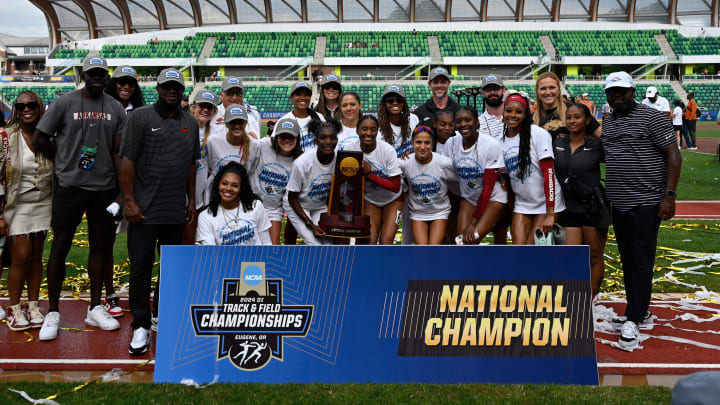 Jun 8, 2024; Eugene, OR, USA; The University of Arkansas won the women’s team national championship during the NCAA Track and Field Championships at Hayward Field. Mandatory Credit: Craig Strobeck-USA TODAY Sports