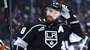Apr 6, 2024; Los Angeles, California, USA; Los Angeles Kings defenseman Drew Doughty (8) looks on during the third period of a game against the Vancouver Canucks at Crypto.com Arena. Mandatory Credit: Jessica Alcheh-Imagn Images