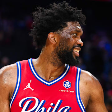 Dec 20, 2024; Philadelphia, Pennsylvania, USA; Philadelphia 76ers center Joel Embiid (21) looks on after the game against the Charlotte Hornets at Wells Fargo Center. Mandatory Credit: Kyle Ross-Imagn Images