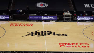 Jan 10, 2021; Los Angeles, California, USA; A general view of the LA Clippers logo at midcourt at Staples Center. Mandatory Credit: Kirby Lee-USA TODAY Sports