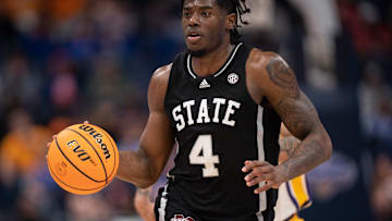 Mississippi State Bulldogs forward Cameron Matthews (4) heads up court against LSU during their second round game of the SEC Men's Basketball Tournament at Bridgestone Arena in Nashville, Tenn., Thursday, March 14, 2024.