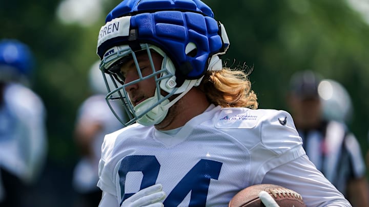 Indianapolis Colts tight end Tyler Warren (84) catches the ball Tuesday, June 10, 2025, during NFL Colts mandatory mini camp at the Indiana Farm Bureau Football Center in Indianapolis. Indianapolis Colts tight end Tyler Warren (84) catches the ball Tuesday, June 10, 2025, during NFL Colts mandatory mini camp at the Indiana Farm Bureau Football Center in Indianapolis.