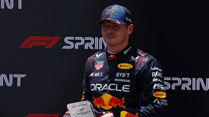 May 4, 2024; Miami Gardens, Florida, USA; Red Bull Racing driver Max Verstappen (1) poses with first
