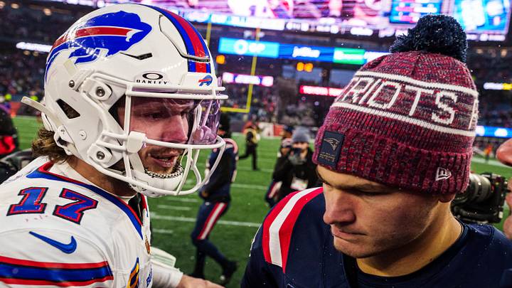 New England Patriots quarterback Drake Maye (10), Buffalo Bills quarterback Josh Allen (17) 