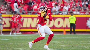 Aug 22, 2024; Kansas City, Missouri, USA; Kansas City Chiefs wide receiver Kadarius Toney (19) catches a pass against the Chicago Bears during the first half at GEHA Field at Arrowhead Stadium. Mandatory Credit: Denny Medley-Imagn Images