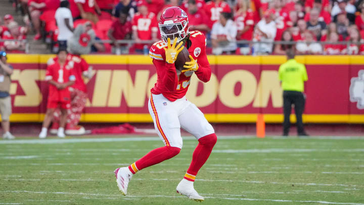 Aug 22, 2024; Kansas City, Missouri, USA; Kansas City Chiefs wide receiver Kadarius Toney (19) catches a pass against the Chicago Bears during the first half at GEHA Field at Arrowhead Stadium. Mandatory Credit: Denny Medley-USA TODAY Sports