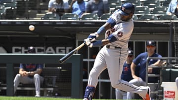 Jun 20, 2024; Chicago, Illinois, USA;  Houston Astros outfielder Yordan Alvarez (44) hits a home run against the Chicago White Sox during the first inning at Guaranteed Rate Field. Mandatory Credit: Matt Marton-USA TODAY Sports