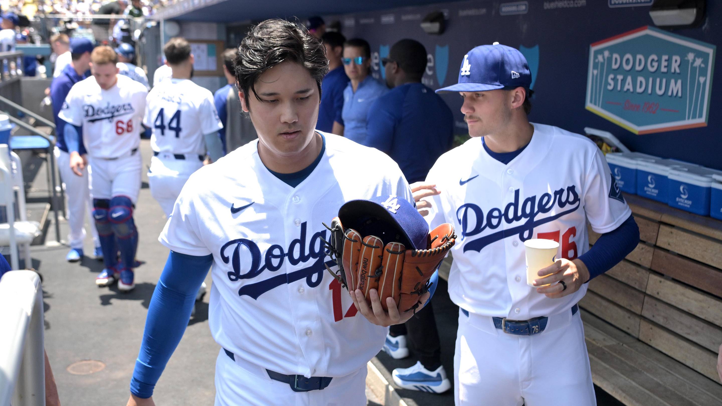 Jun 17, 2026; Los Angeles, California, USA; Los Angeles Dodgers starting pitcher Shohei Ohtani (17) walks through the dugout following the first inning against the Tampa Bay Rays at Dodger Stadium. Mandatory Credit: Jayne Kamin-Oncea-Imagn Images