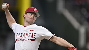 Feb 23, 2025; Arlington, TX, USA; The Michigan Wolverines play the Arkansas Razorbacks during the Amegy Bank College Baseball Series presented by Kubota Weekend 2 at Globe Life Field. Mandatory Credit: Jerome Miron-Imagn Images