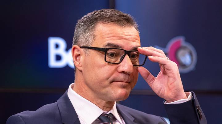 Jan 12, 2025; Ottawa, Ontario, CAN; President of Hockey Operations and General Manager Steve Staios speaks to the media pprior to match between the Dallas Stars and the  Ottawa Senators at the Canadian Tire Centre. Mandatory Credit: Marc DesRosiers-Imagn Images