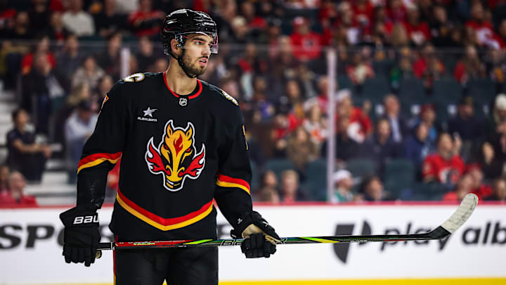 Mar 27, 2025; Calgary, Alberta, CAN; Calgary Flames defenseman Kevin Bahl (7) against the Dallas Stars during the first period at Scotiabank Saddledome. Mandatory Credit: Sergei Belski-Imagn Images Mar 27, 2025; Calgary, Alberta, CAN; Calgary Flames defenseman Kevin Bahl (7) against the Dallas Stars during the first period at Scotiabank Saddledome. Mandatory Credit: Sergei Belski-Imagn Images