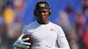 Oct 13, 2024; Baltimore, Maryland, USA; Washington Commanders wide receiver Terry McLaurin (17) warms up prior to the game against the Baltimore Ravens at M&T Bank Stadium. Mandatory Credit: Mitch Stringer-Imagn Images