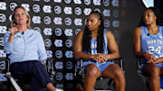 North Carolina head coach Courtney Banghart, junior guard Reniya Kelly and senior guard Indya Nivar 