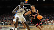 Apr 5, 2025; San Antonio, TX, USA; Houston Cougars guard Milos Uzan (7) dribbles the ball against Duke Blue Devils center Khaman Maluach (9) during the first half in the semifinals of the men's Final Four of the 2025 NCAA Tournament at the Alamodome. Mandatory Credit: Bob Donnan-Imagn Images