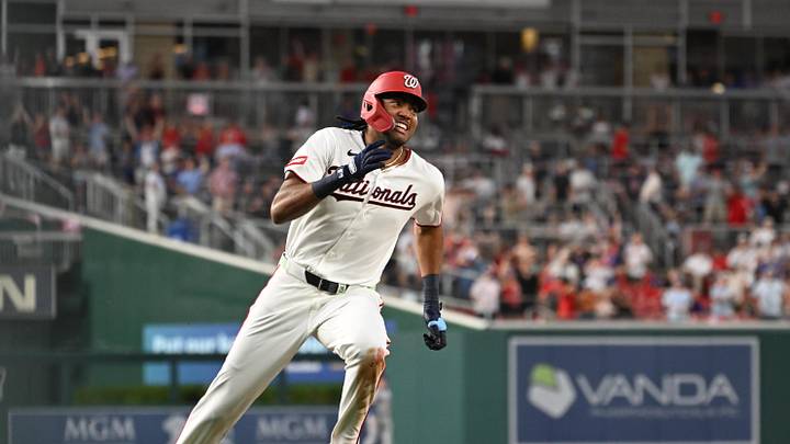 May 19, 2026; Washington, District of Columbia, USA;  Washington Nationals left fielder James Wood (29) rounds third base on his way home for an inside-the-park grand slam against the New York Mets during the second inning at Nationals Park. Mandatory Credit: Rafael Suanes-Imagn Images