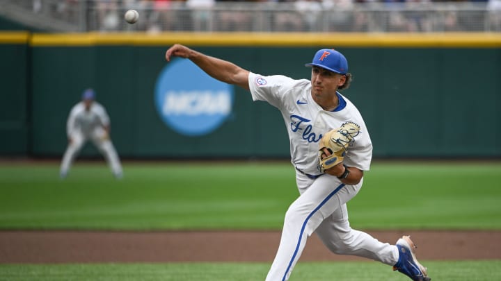 Jun 16, 2023; Omaha, NE, USA;  Florida Gators starting pitcher Brandon Sproat (8) pitches against the Virginia Cavaliers in the first inning at Charles Schwab Field Omaha. Mandatory Credit: Steven Branscombe-USA TODAY Sports