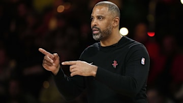 Houston Rockets head coach Ime Udoka reacts during the first half against the Oklahoma City Thunder in a semifinal of the 2024 Emirates NBA Cup at T-Mobile Arena.