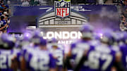 The Minnesota Vikings stand on the field during the game in London in 2024.