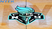 A general view of the New York Liberty logo prior to the game against the Las Vegas Aces at Barclays Center.