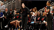 Caitlin Clark reacts to a call during the Indiana Fever-Las Vegas Aces game.
