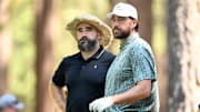 Jason Kelce and Travis Kelce stand in the 16th tee box during the first round of the American Century Championship at Edgewood Tahoe Golf Course in Stateline, Nevada. 