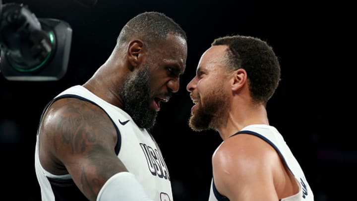 LeBron James and Stephen Curry after the United States's 95-91 win over Serbia in the Olympic men's basketball semifinals on Aug. 8, 2024.