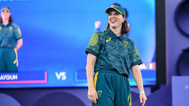 Raygun competes during the Breaking B-Girls Round Robin Group B battle between Raygun and Syssy on Day 14 of the Olympic Games Paris 2024 at La Concorde on August 9, 2024 in Paris, France. 