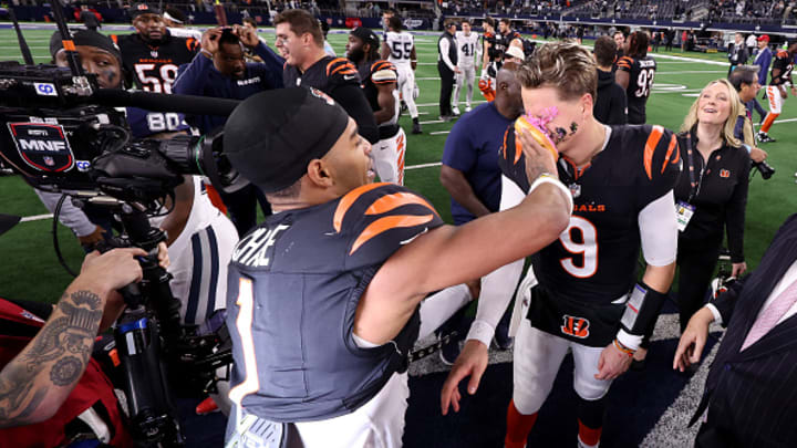 Ja'Marr Chase shoves a donut into Joe Burrow's face after the Bengals beat the Cowboys. 