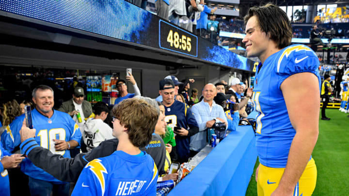 Los Angeles Chargers place kicker Cameron Dicker poses for pictures prior to a game against the Denver Broncos at SoFi Stadium in Inglewood on Thursday, December 19, 2024 Los Angeles Chargers place kicker Cameron Dicker poses for pictures prior to a game against the Denver Broncos at SoFi Stadium in Inglewood on Thursday, December 19, 2024