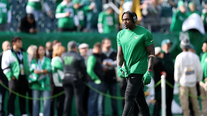 A.J. Brown #11 of the Philadelphia Eagles on the field before the game against the Dallas Cowboys at Lincoln Financial Field on December 29, 2024 in Philadelphia, Pennsylvania.