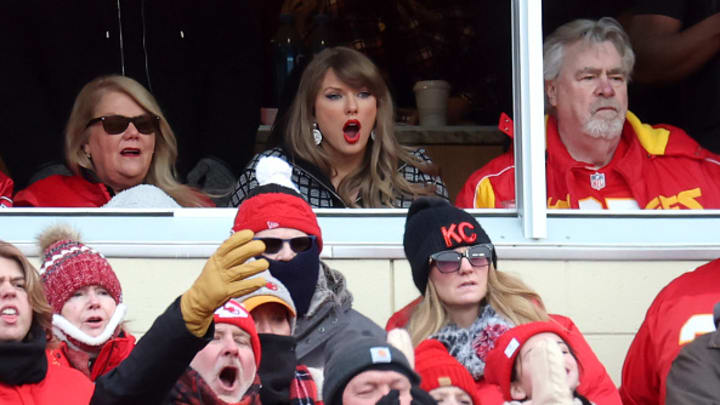 Singer-songwriter Taylor Swift reacts during the first quarter in the AFC Divisional Playoff between the Houston Texans and the Kansas City Chiefs at GEHA Field at Arrowhead Stadium on January 18, 2025 in Kansas City, Missouri.
