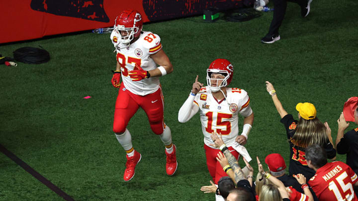 Travis Kelce and Patrick Mahomes enter the field before Super Bowl LIX