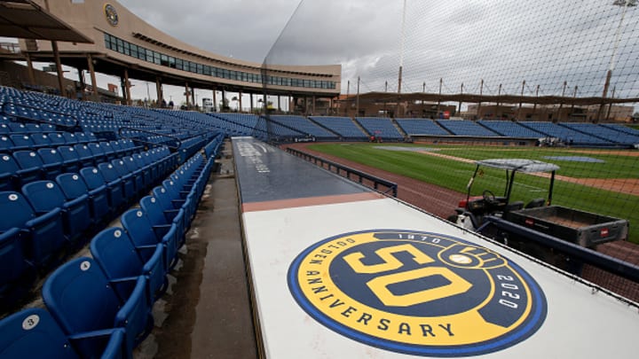 General view of American Family Fields stadium, spring training home of the Milwaukee Brewers, following Major League Baseball's decision to suspend all spring training games on March 12, 2020 in Phoenix, Arizona. The decision was made due to concerns of the ongoing Coronavirus (COVID-19) outbreak. General view of American Family Fields stadium, spring training home of the Milwaukee Brewers, following Major League Baseball's decision to suspend all spring training games on March 12, 2020 in Phoenix, Arizona. The decision was made due to concerns of the ongoing Coronavirus (COVID-19) outbreak.