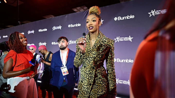 Angel Reese arrives at WNBA All-Star Weekend in Indianapolis.