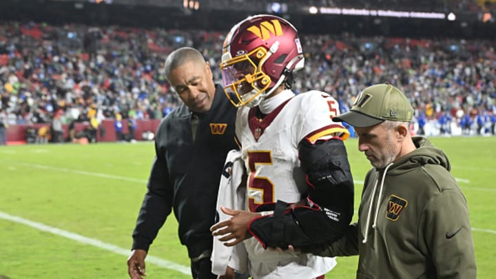 Jayden Daniels was helped off the field after suffering a horrible injury on Sunday night. Jayden Daniels was helped off the field after suffering a horrible injury on Sunday night.