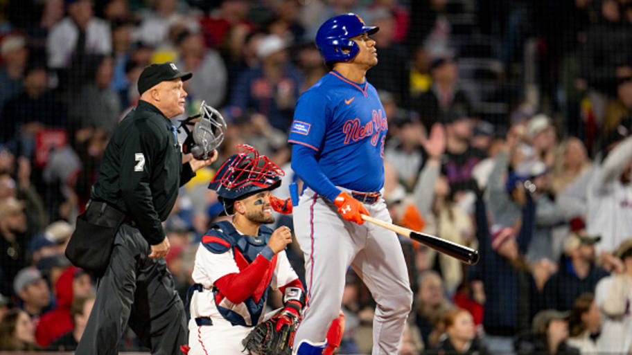 Juan Soto admires a long single.  | Photo by Maddie Malhotra / Boston Red Sox/Getty Images