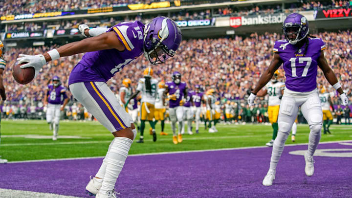 Jefferson hitting the Griddy dance has become one of his customary celebrations. Jefferson hitting the Griddy dance has become one of his customary celebrations.