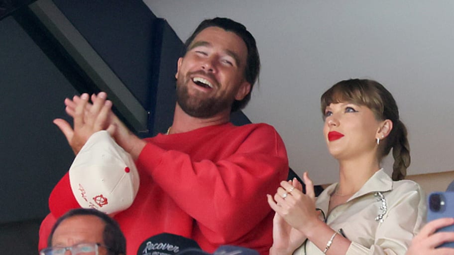 Travis Kelce and Taylor Swift react as the Edmonton Oilers and the Florida Panthers play during the first period in Game Four of the 2025 Stanley Cup Final at Amerant Bank Arena in Sunrise, Florida.  | Photo by Bruce Bennett/Getty Images