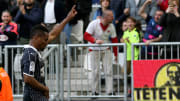 Bordeaux's French forward Francois Kamano celebrates after scoring a goal during the French L1 football match between Bordeaux (FCGB) and Guingamp on February 19, 2017