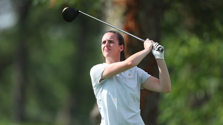 Caitlin Clark of the Iowa Hawkeyes plays a shot during the pro-am prior to the John Deere Classic at TPC Deere Run on July 05, 2023 in Silvis, Illinois.