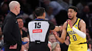 Tyrese Haliburton reacts to a call during Game 1 of the Eastern Conference Finals. 