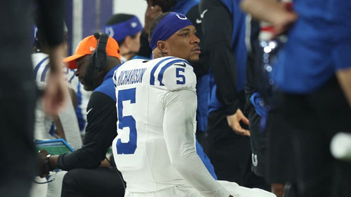 Indianapolis Colts QB Anthony Richardson sits on the bench in Week 9 against the Minnesota Vikings. 