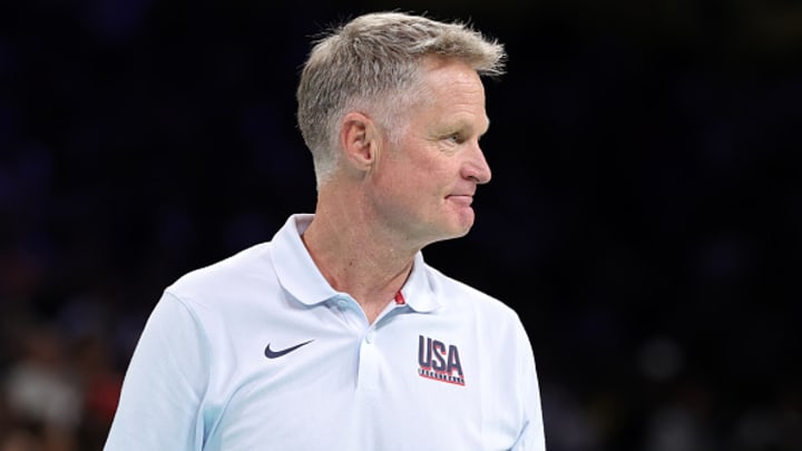 Team USA head coach Steve Kerr on the sideline during USA-Serbia 