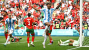 Cristian Medina of Argentina celebrates scoring his team's second goal during the Men's group B match between Argentina and Morocco during the Olympic Games Paris 2024 at Stade Geoffroy-Guichard on July 24, 2024 in Saint-Etienne, France.