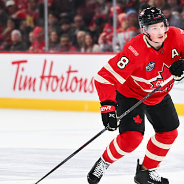 Team Canada defenseman Cale Makar skates in the game against Sweden at the 4-Nations Face-Off.