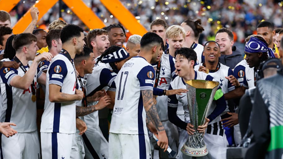 Tottenham Hotspur celebrate winning the 2025 Europa League | THOMAS COEX/AFP via Getty Images